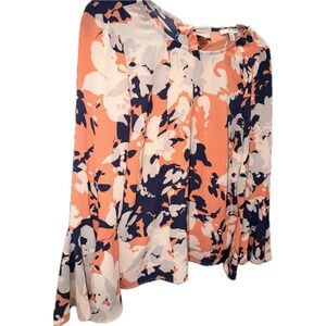 Halston Heritage Women Coral Navy Floral Bell Sleeve Tie Back Blouse Top Small